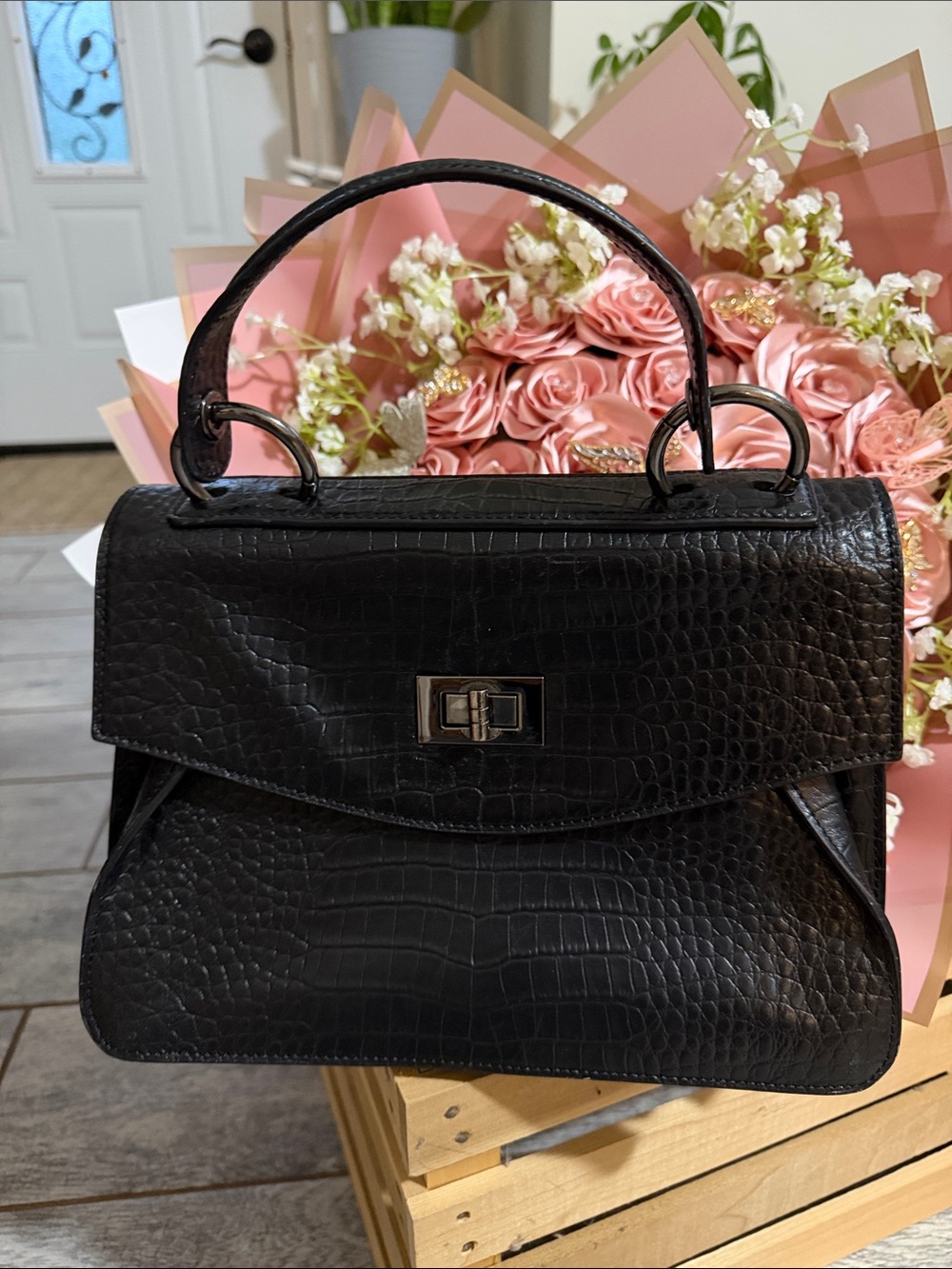 Structured Black Croc-Embossed Top Handle Satchel